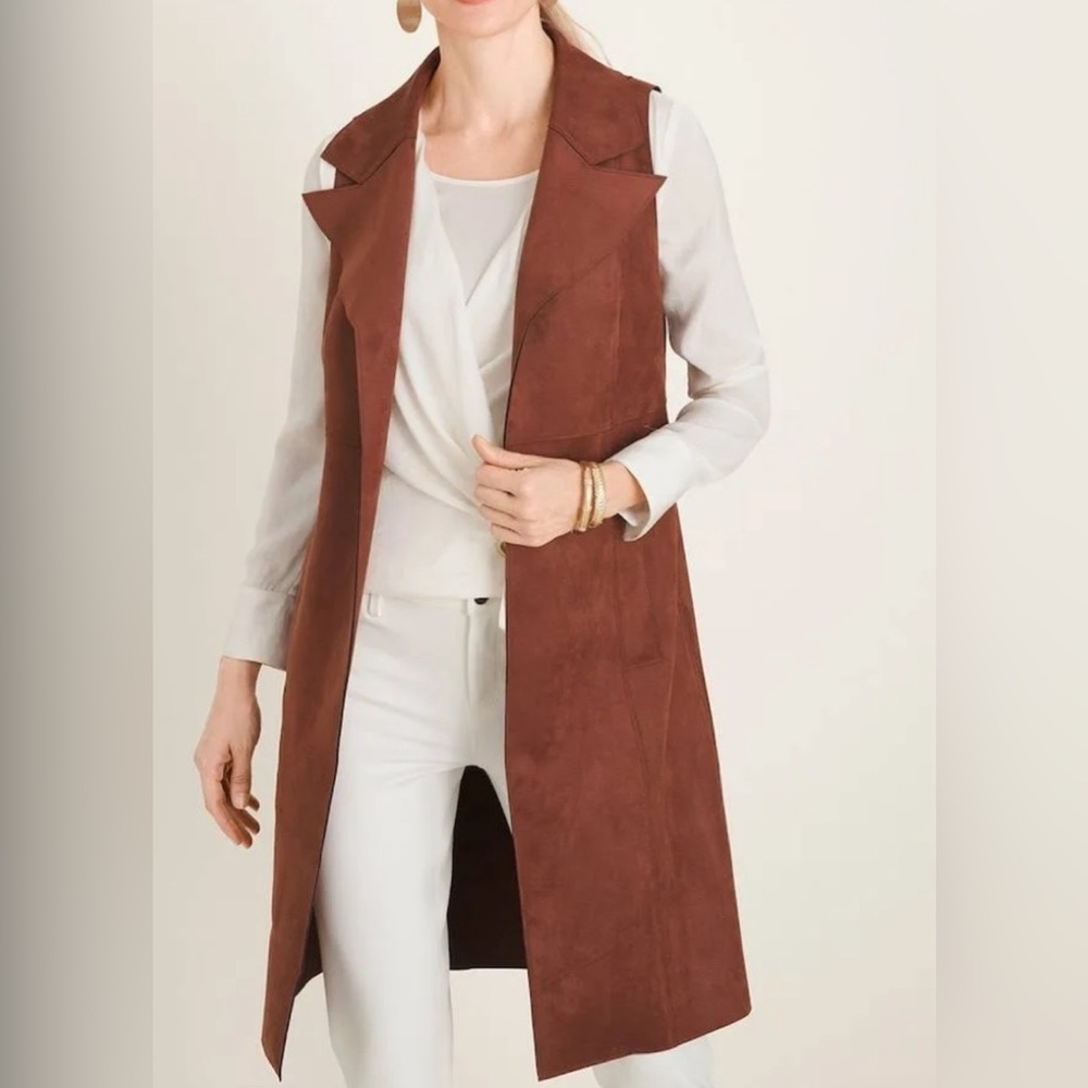 CHICO ELONGATED VEST WOMEN SIZE  8/10 BROWN FAUX SUEDE - Picture 2 of 14